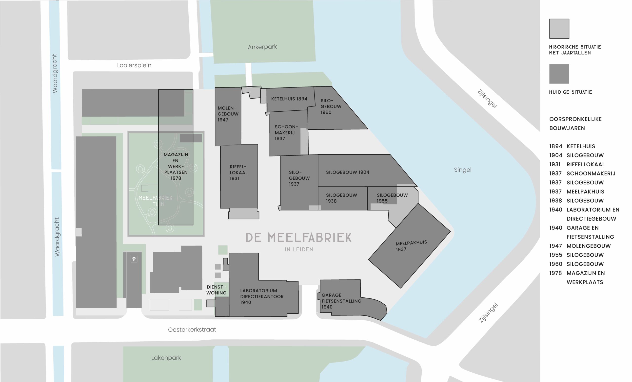 Historische plattegrond van De Meelfabriek in Leiden