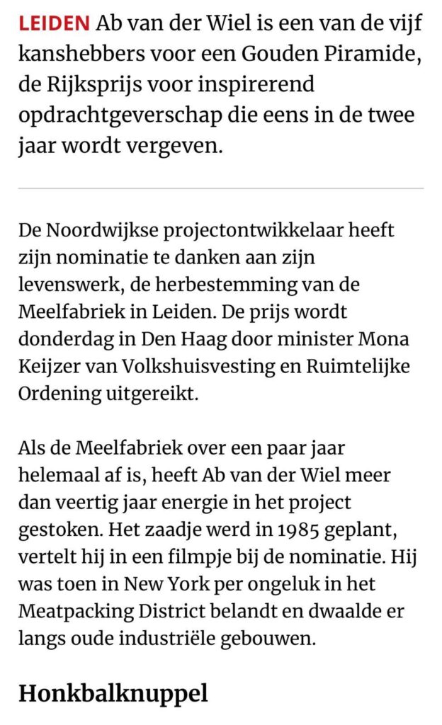 Ab van der Wiel genomineerd voor Gouden Piramide, De Meelfabriek in Leiden