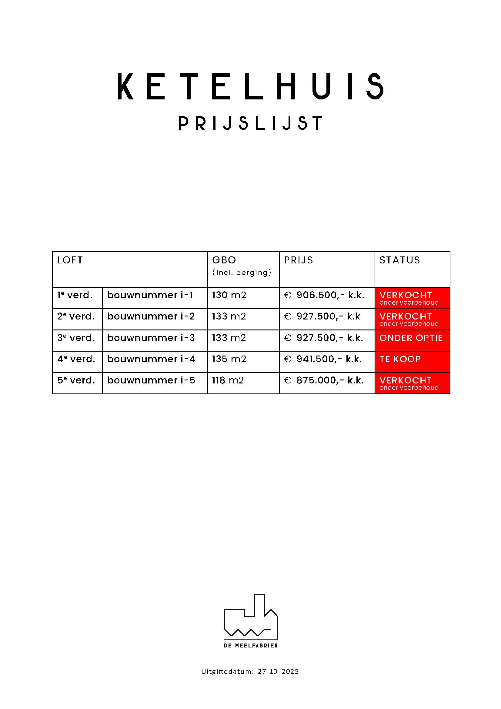 Prijslijst Ketelhuis van De Meelfabriek in Leiden